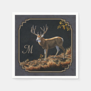 Mule Deer Buck Charcoal Gray Monogram Serviette