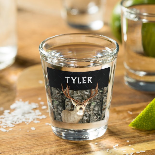 Mule Deh Camouflage Name Cool Jagd Buck Antlers Schnapsglas (Hunting Deer Personalized Camo Groomsman gift Shot Glass)