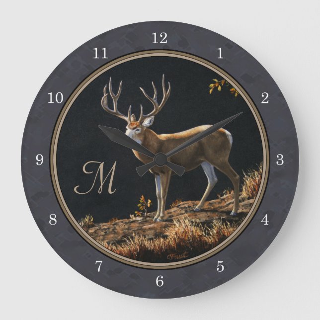 Mule-Hirsch-Kohlengraut-Monogramm Große Wanduhr (Vorderseite)