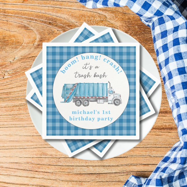 Müll Müllwagen Blau Gingham 1. Geburtstag Serviette (Von Creator hochgeladen)