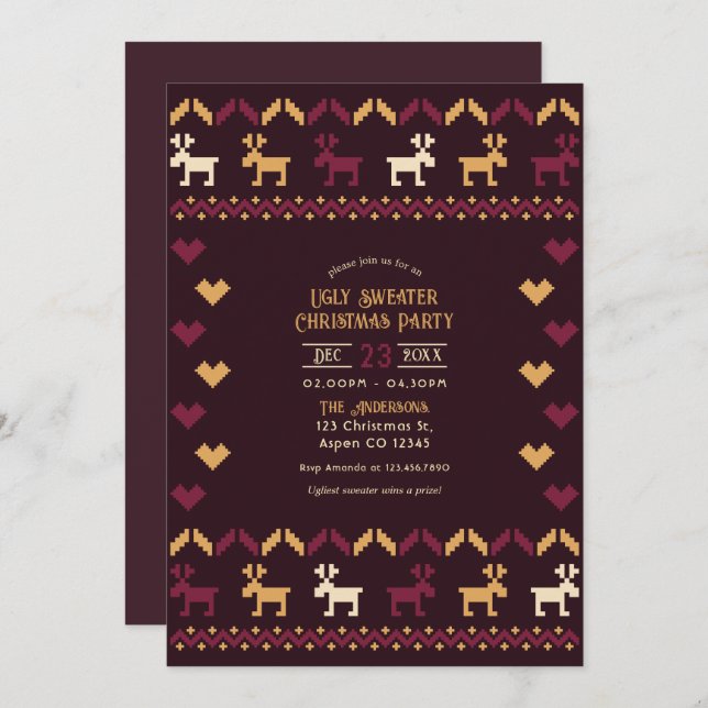 Mulled Wine & Gold Ugly Sweater Christmas Party Einladung (Vorne/Hinten)