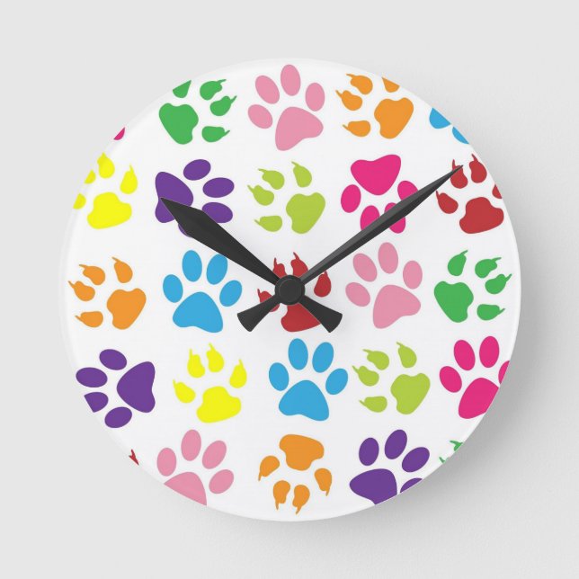 Multi-Colored Paw Prints Runde Wanduhr (Vorderseite)