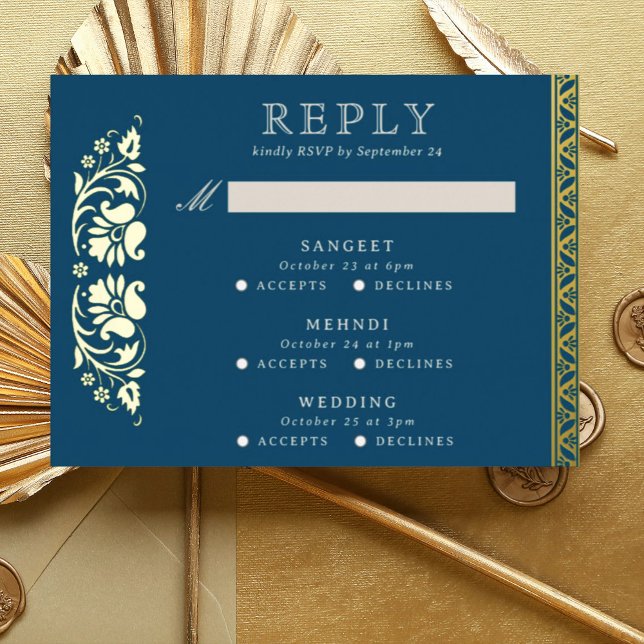 Multi Event Lotus Blume Indian Wedding RSVP Card Folie Einladungspostkarte (Blue Indian wedding invitation RSVP enclosure response reply card, Lotus flower hindu wedding card)