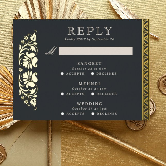 Multi Event Lotus Blume Indian Wedding RSVP Card Folie Einladungspostkarte (Black Indian wedding invitation RSVP enclosure response reply card, Lotus flower hindu wedding card)