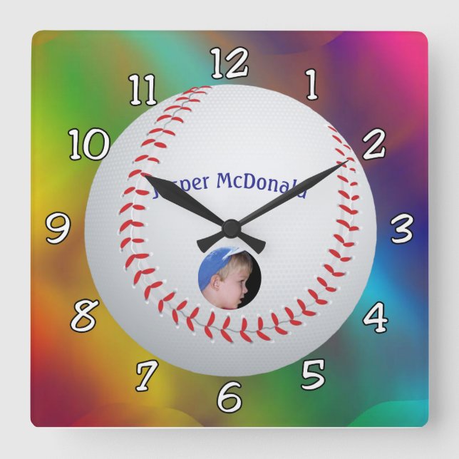 Multi-Farb-Background-Foto im Baseball personalisi Quadratische Wanduhr (Vorderseite)