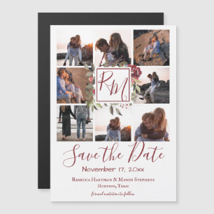 Multi-Foto-Burgundy-Floral-Monogramm Save the Date Magnetkarte