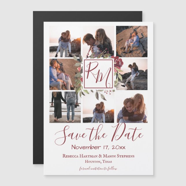 Multi-Foto-Burgundy-Floral-Monogramm Save the Date Magnetkarte (Vorne/Hinten)