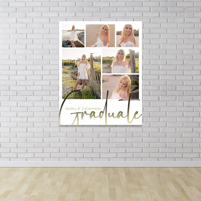 Multi Foto Collage Modernes Abschluss Script Poster (Graduation photo collage party poster with gold calligraphy.)