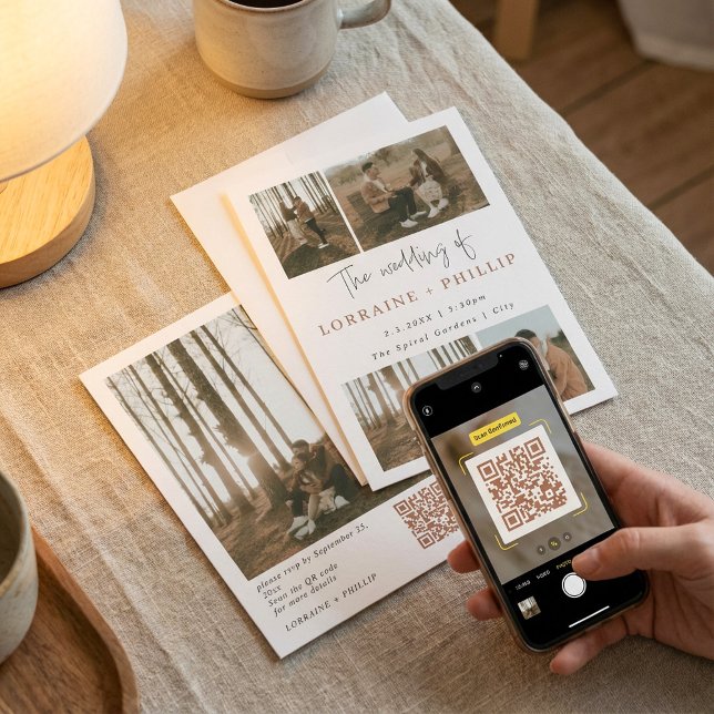 Multi Foto Collage QR Code Minimalistisch Hochzeit Einladung (Multi Photo Collage QR Code Minimalist Wedding Invitation.)