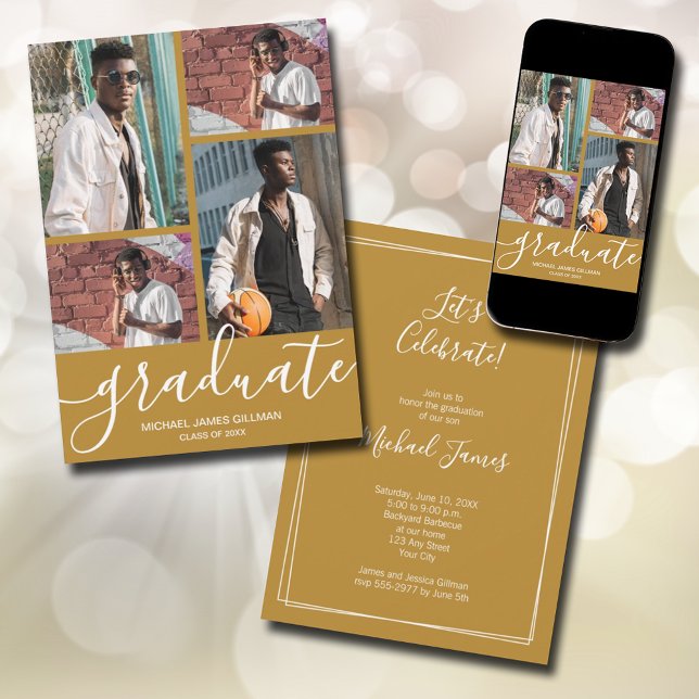 Multi Foto Gold Abschluss Ankündigung (Modern script 4 photo gold graduation announcements - PRINTED and/or INSTANT DOWNLOAD)
