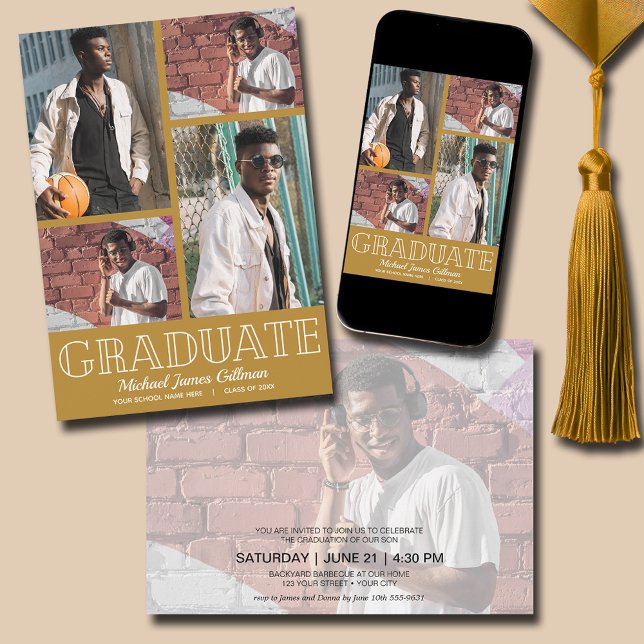 Multi-Foto-Gold-Graduierungspartei Einladung (Multi Photo Gold Graduation Party Invitations - PRINTED and/or INSTANT DOWNLOAD)
