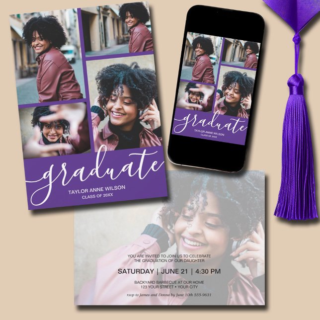 Multi-Foto-Lila-Graduierungspartei Einladung (Multi Photo Purple Graduation Party Invitations - PRINTED and/or INSTANT DOWNLOAD)