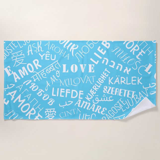 Multi-Language-Liebe Text Blue Beach Handtuch (Vorderseite)