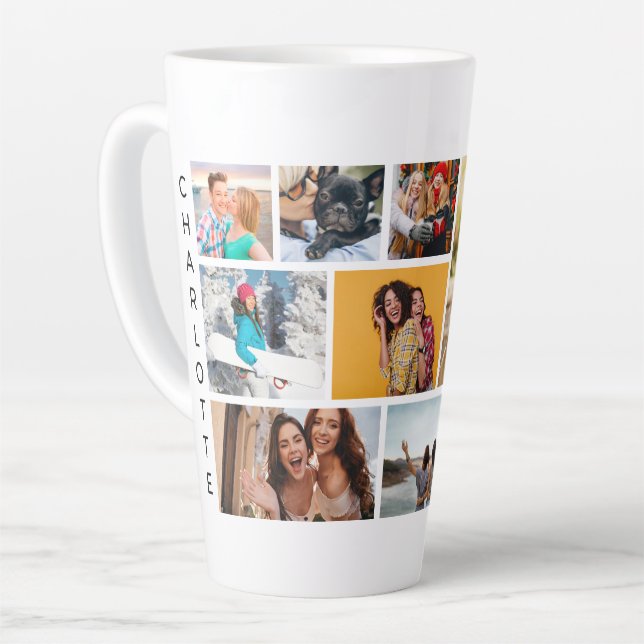 Multi Photo Collage Modern Personalized Name Milchtasse (Linke Ecke)