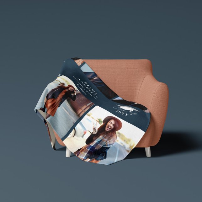 Multi photo modern navy blue script graduation fleecedecke (Von Creator hochgeladen)