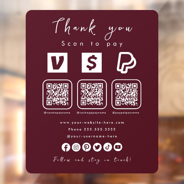 Multi QR Code Paypal Venmo Cash App Burgundy Fensteraufkleber (Blatt 2)