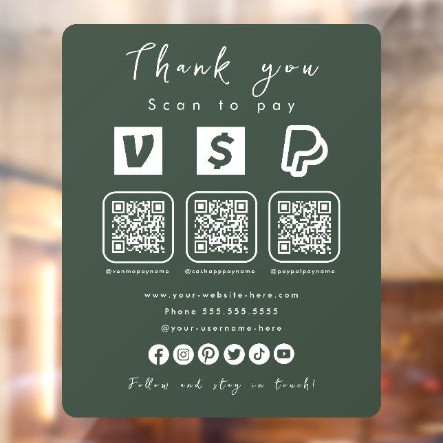 Multi QR Code Paypal Venmo Cash App Forest Green Fensteraufkleber (Blatt 2)
