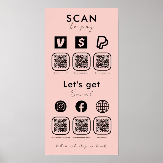 Multi-QR-Code-Prüfung, um Social Media Blush Pink  Poster (Vorne)