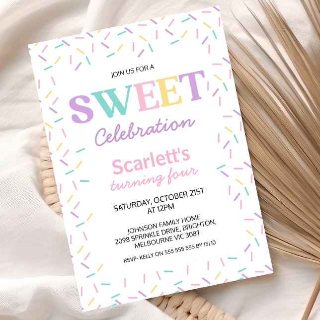 Multicfarbene Sprinkles Sweet Celebration Birthday Einladung (Multicolored Sprinkle Sweet Celebration Birthday Invitation For Girl, Sweets Themed Birthday Party )