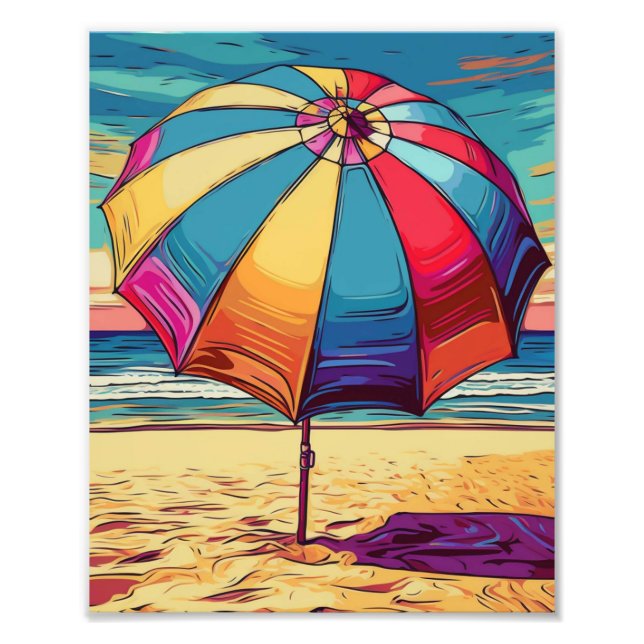 Multicfarbener Regenschirm in der Mitte des Sandes Fotodruck (Vorne)
