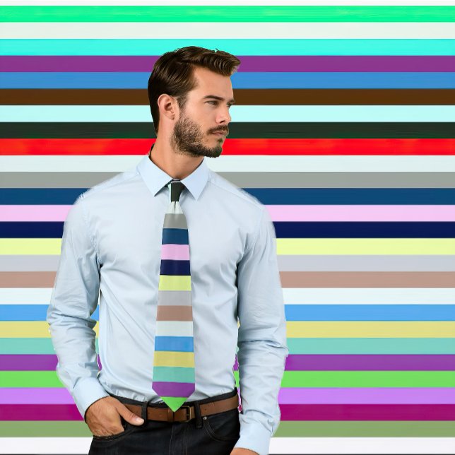 Multicfarbener Streifen Necktie Variante #21 Krawatte (Man wearing a necktie with multicolored horizontal stripes. Background matches tie.)