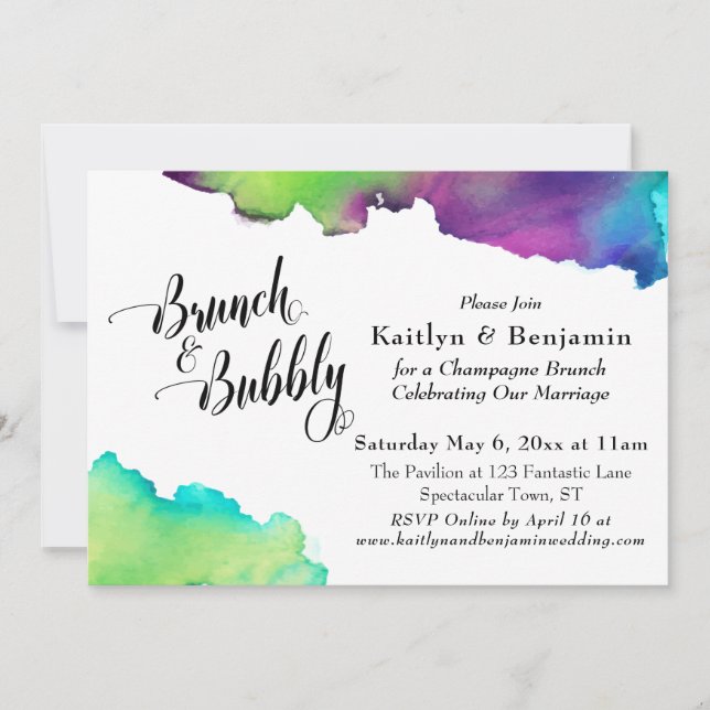 Multicfarbenes Watercolor Brunch & Bubbly Script Einladung (Vorderseite)
