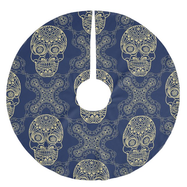 Multicolor-Boho-Totenkopf-Muster. Polyester Weihnachtsbaumdecke (Vorderseite)