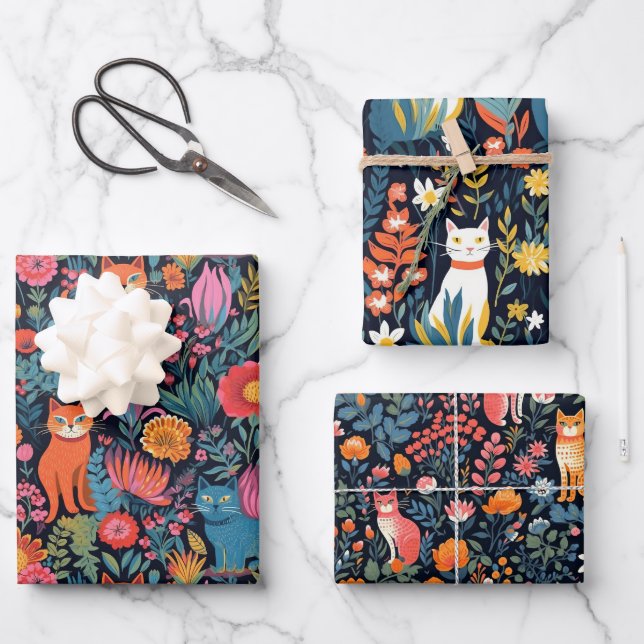 Multicolor Cat Botanical Geschenkpapier Set (Vorderseite)