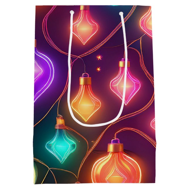 Multicolor Christmas Lights Patterned Mittlere Geschenktüte (Rückseite)