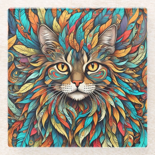 Multicolor Feathers Cat 737 Glasuntersetzer (Vorderseite)