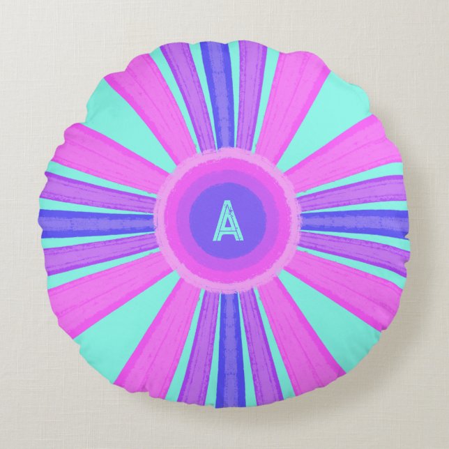 Multicolor gestreiftes Monogramm  Rundes Kissen (Vorderseite)