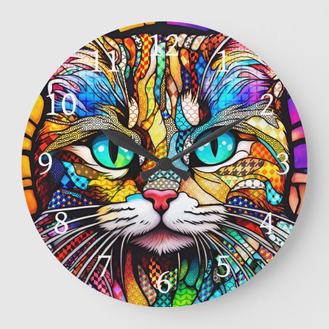 Multicolor-Hartglas-Katze 710 Große Wanduhr (Vorderseite)