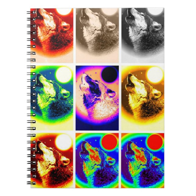 Multicolor Howling Wolf im Moon Pop Art Notebook Notizblock (Vorderseite)