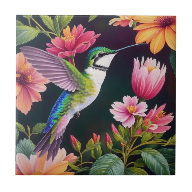 Multicolor Hummingbird Floral Art Fliese (Vorderseite)