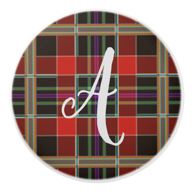 Multicolor Kariert (Tartan) Monogramm, Name Custom Keramikknauf (Vorderseite)