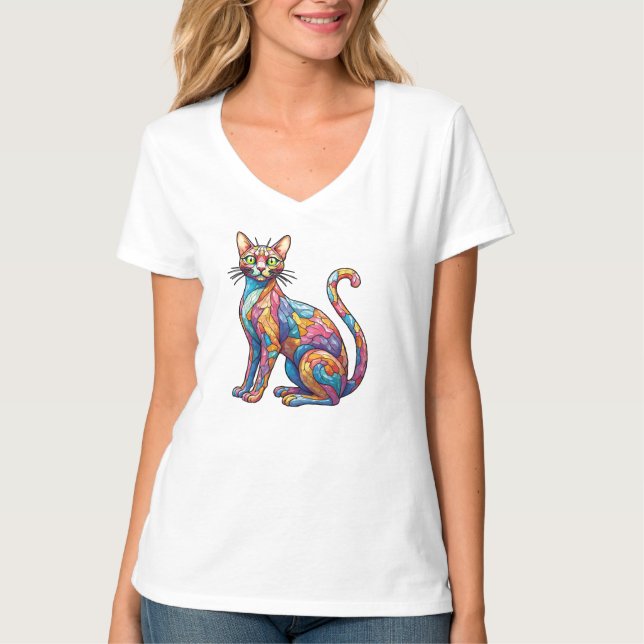 Multicolor Mosaik lustige Katze 756 T-Shirt (Vorderseite)