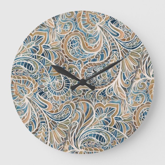 Multicolor Paisley HandGezeichnet Print Große Wanduhr (Vorderseite)