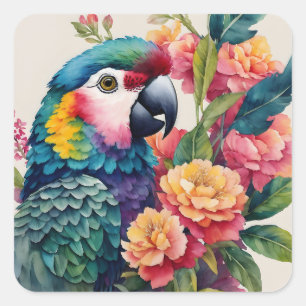 Multicolor Parrot Floral Wasserfarbe Kunst Quadratischer Aufkleber