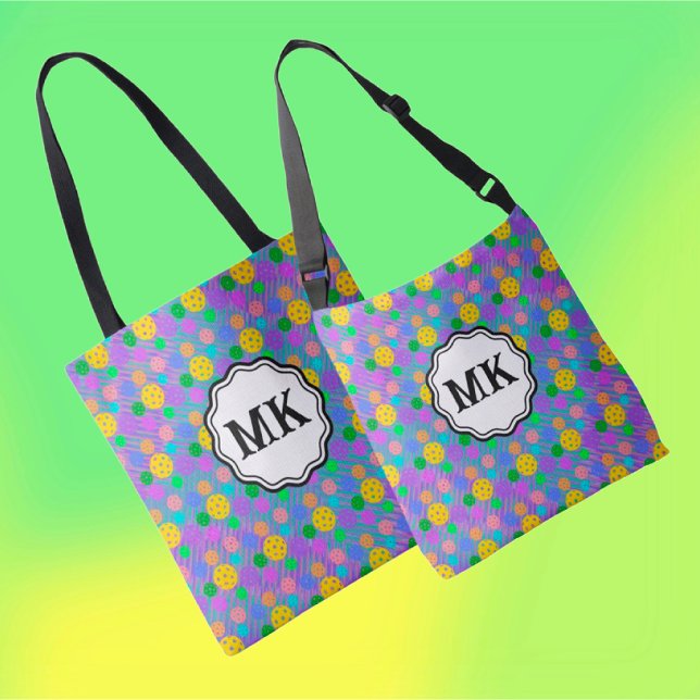 Multicolor Pickleballs Groovy Monogram Tragetaschen Mit Langen Trägern (Personalize these tote bags with name or monogram. 2 styles.)