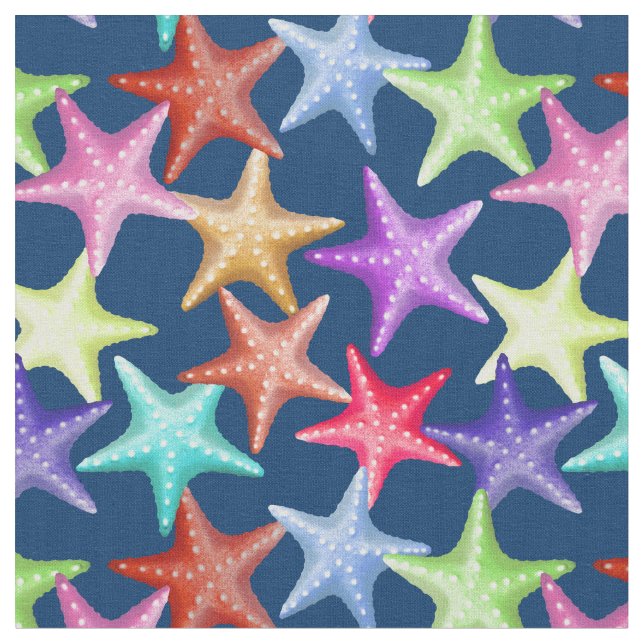 Multicolor Starfish Nautical Summer Beach auf Blue Stoff (Nahaufnahme)