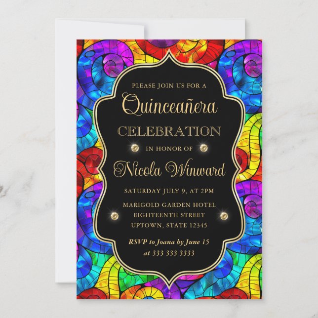 Multicolor- und Gold-Glass-Quinceanera Einladung (Vorderseite)
