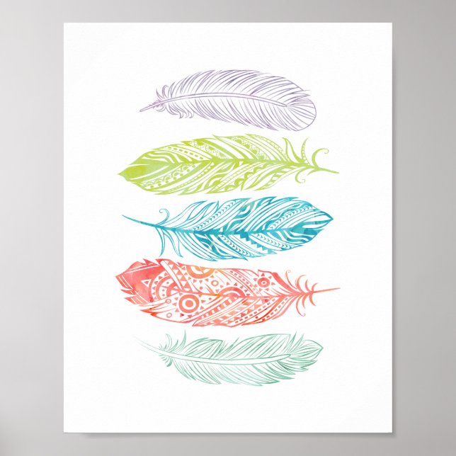 Multicolor Watercolor Feathers Tribal Print Poster (Vorne)