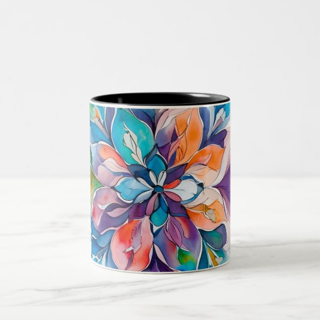 Multicolor Watercolor Floral Mandala Zweifarbige Tasse (Mittel)