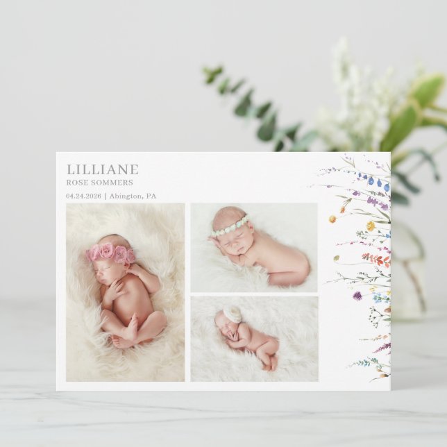 Multicolor Wildflower Baby Photo Announcement Card Einladung (Stehend Vorderseite)