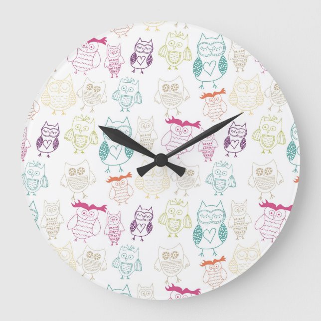 Multicolored Doodle Owls Große Wanduhr (Vorderseite)