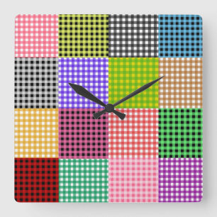 Multicolored Gingham Patchwork Kariert Pattern Quadratische Wanduhr