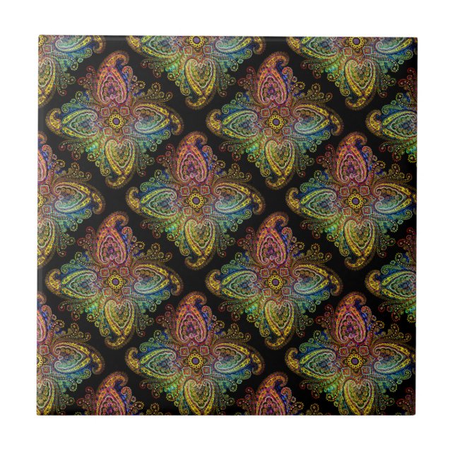 Multicolored Paisley Design on Black Fliese (Vorderseite)