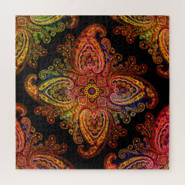 Multicolored Paisley Motiff on Black  02 Puzzle