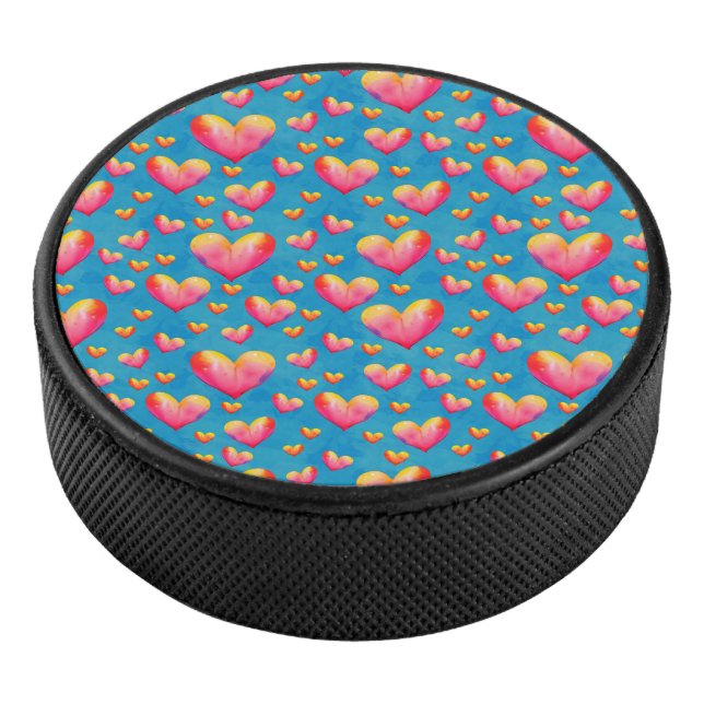 Multicolored Watercolor Hearts Hockey Puck (3/4)