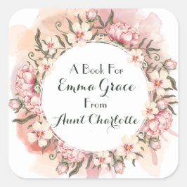 Multiflorales Pink Peony Wreath Gift Buchzeichen Quadratischer Aufkleber